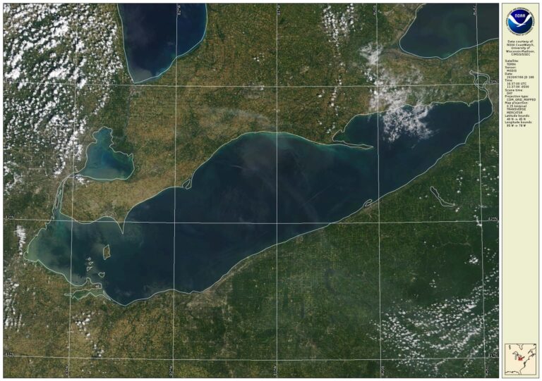 Satellite image of Lake Erie. Image credit: NOAA Great Lakes CoastWatch MODIS Satellite Image – July 6, 2020