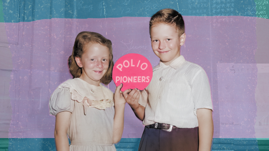 Two children hold a "Polio Pioneers" sign.