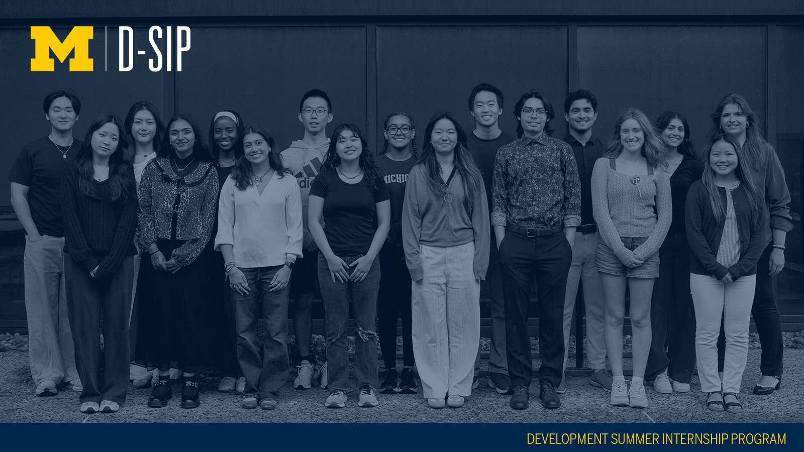 The 2025 D-SIP Cohort stands in Wolverine Tower. The Block M D-SIP logo and 'Development Summer Internship Program' are overlayed.