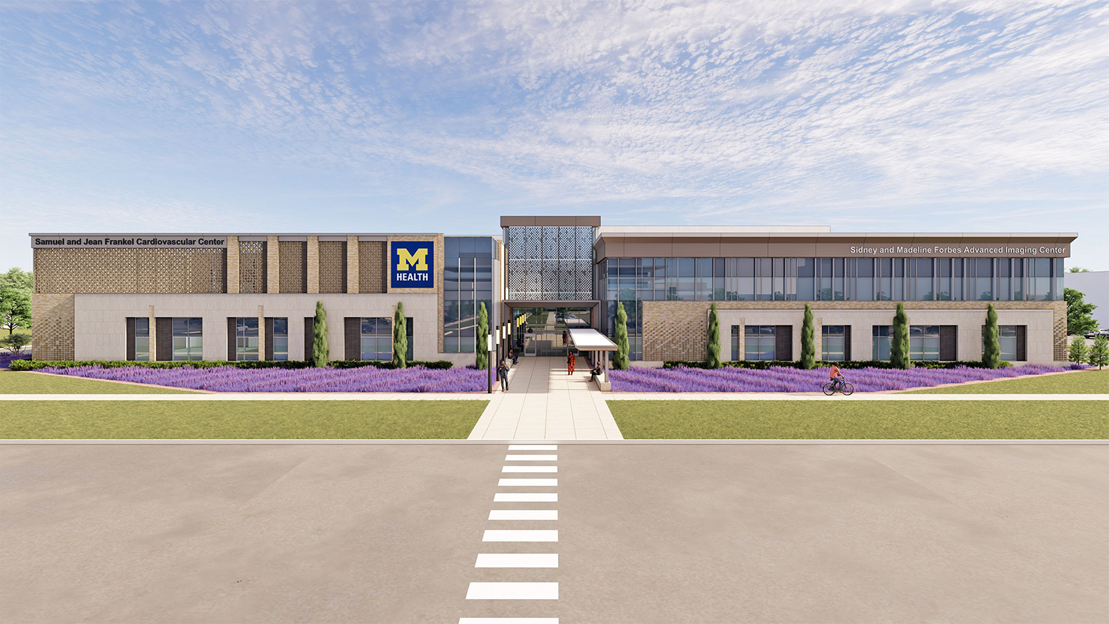 The front view rendering of the Samuel and Jean Frankel Cardiovascular Center and Sidney and Madeline Forbes Advanced Imaging Center features the M Health logo, symmetrical architecture, large windows, and a central walkway surrounded by purple flower beds.