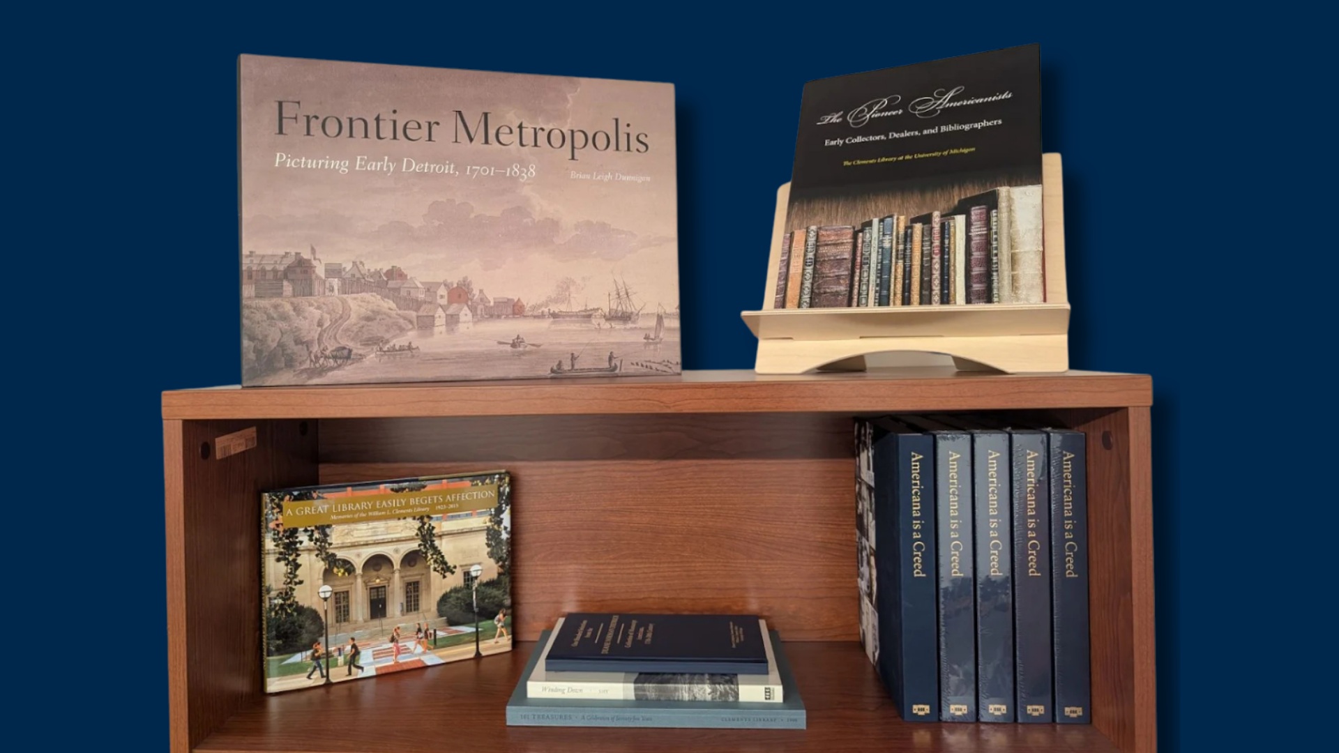 A display of the books available for purchase from the Clements Library Marketplace.