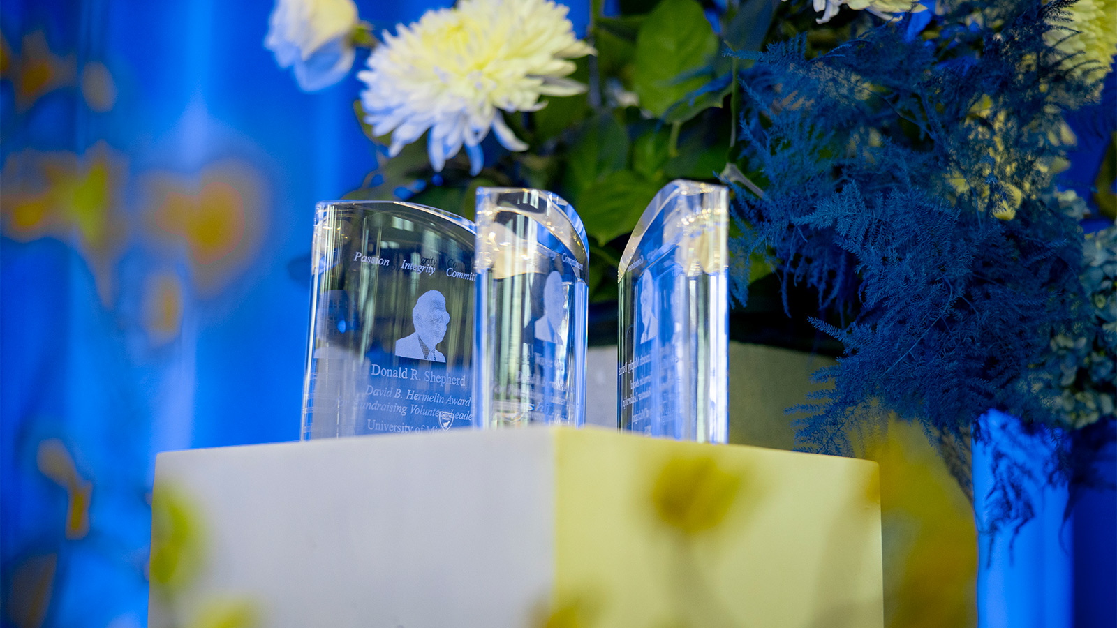 Three engraved crystal award trophies are displayed on a white pedestal, with white flowers and lush greenery nearby, set against a blue background.