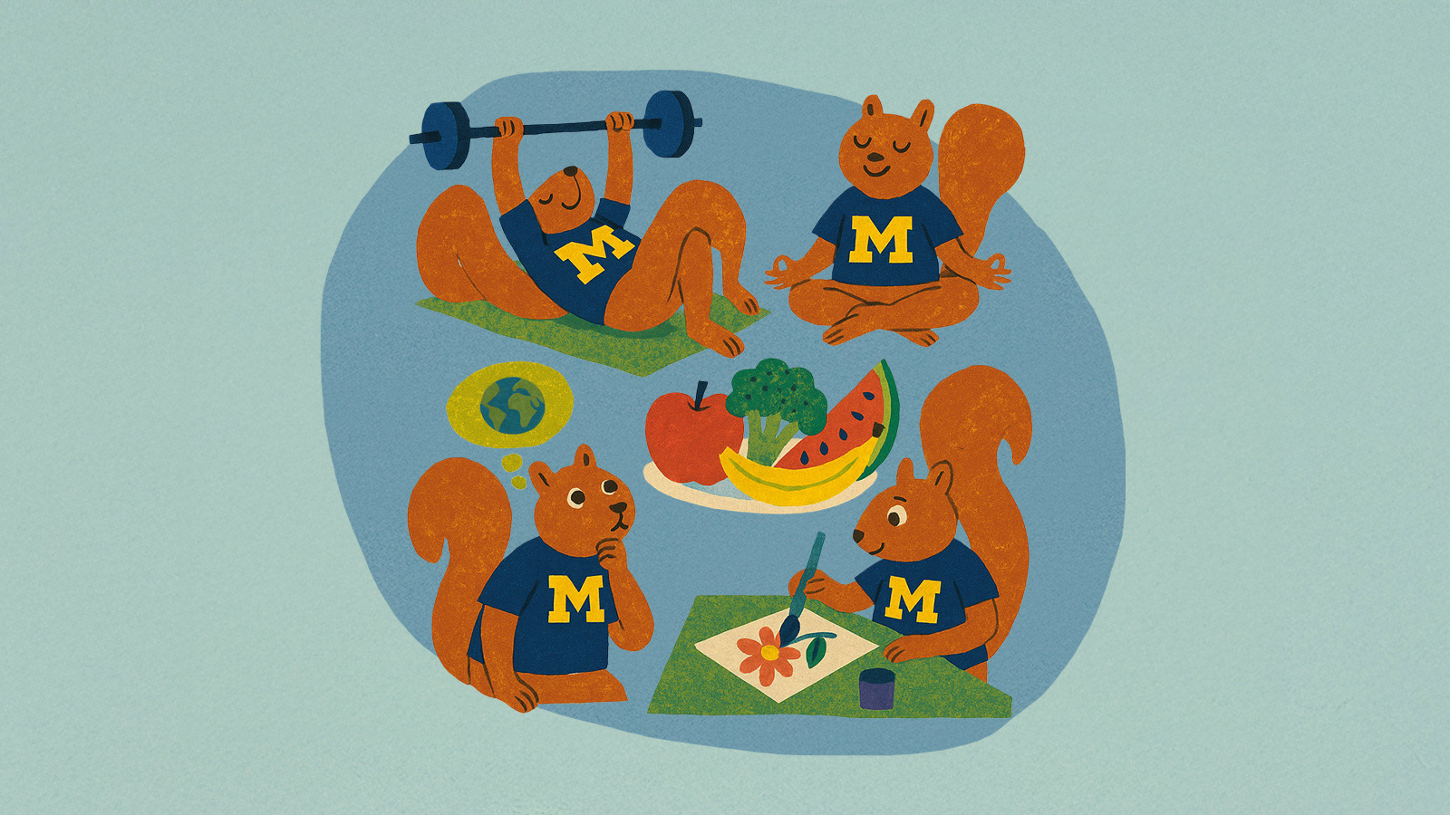 An illustration of four squirrels inside a blue circle, engaging in different health and wellness activities.