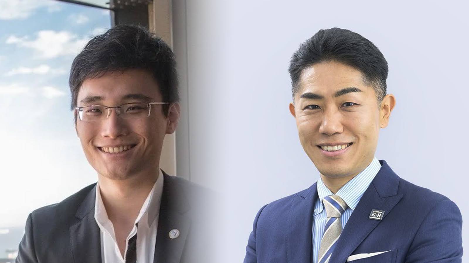 Two people are shown in side-by-side professional portraits, both wearing suits.