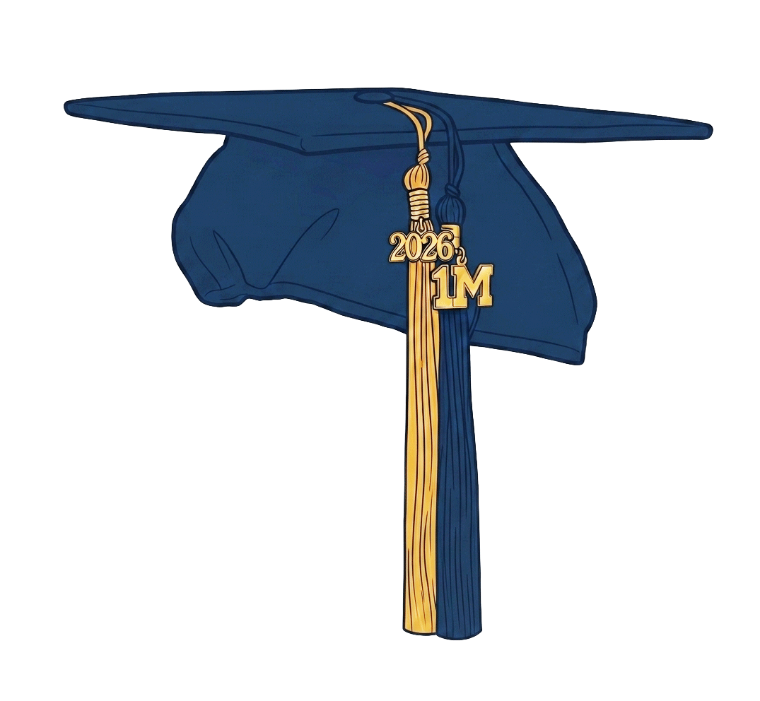Navy blue graduation cap with 2026 and 1M gold charms on tassels.