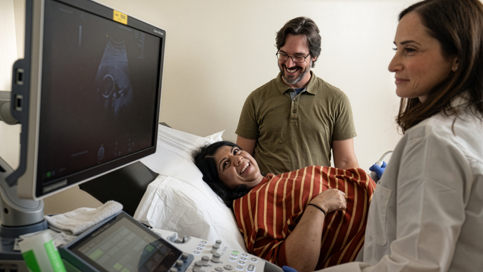 A clinician performs an ultrasound exam for a patient while another person stands nearby.