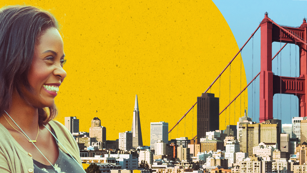 Brandi Hudson in front of a collage of buildings and a bridge.