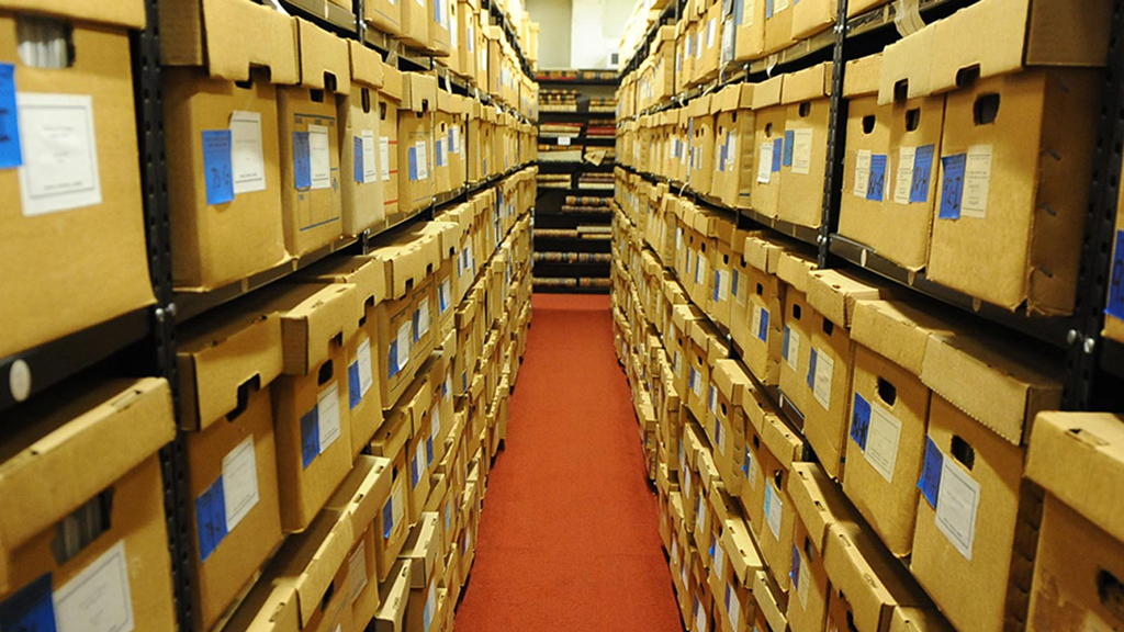 Rows of boxes in the Bentley library.