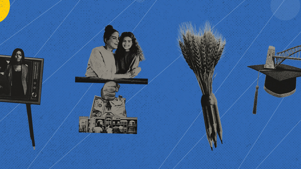 Abstract collage including pencils, photographs, and a graduation cap.