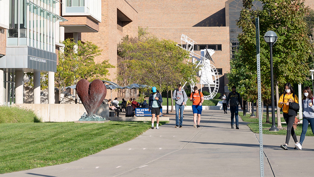 Students walking between North Campus buildings.