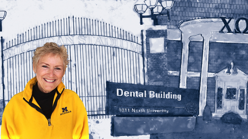 Jane Plasman in front of the Michigan Stadium, Dental Building, and Chi Omega Sorority House.