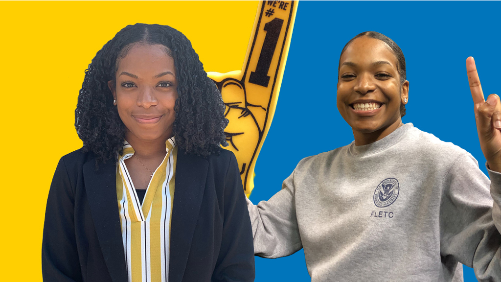 Two images of Kori Maxie in front of a maize and blue background.