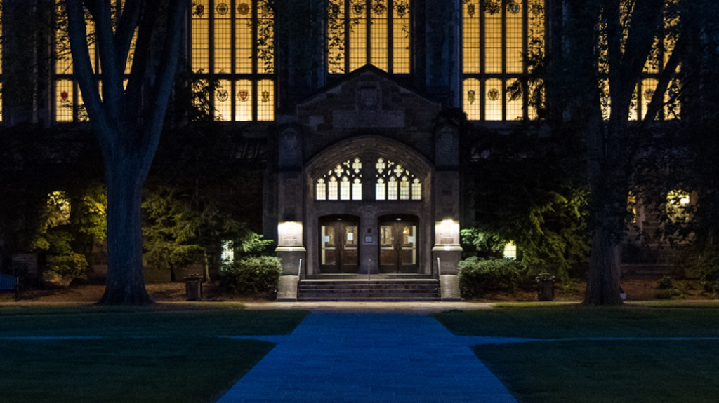 Law Quad at dusk.
