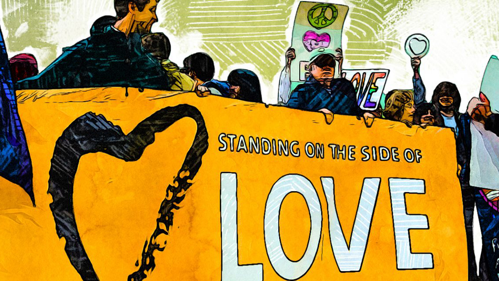 An illustration of Chris at a rally holding a banner that says