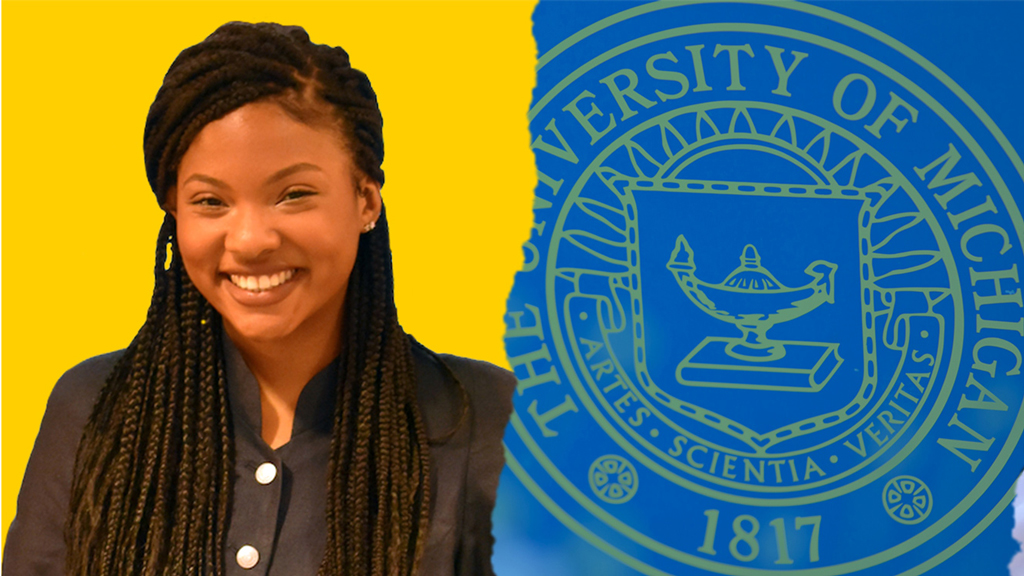 Sarah Radden and the University of Michigan Seal.