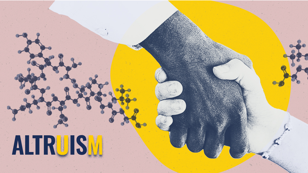 Collage of clasping hands and the word altruism surrounded by oxytocin molecules.