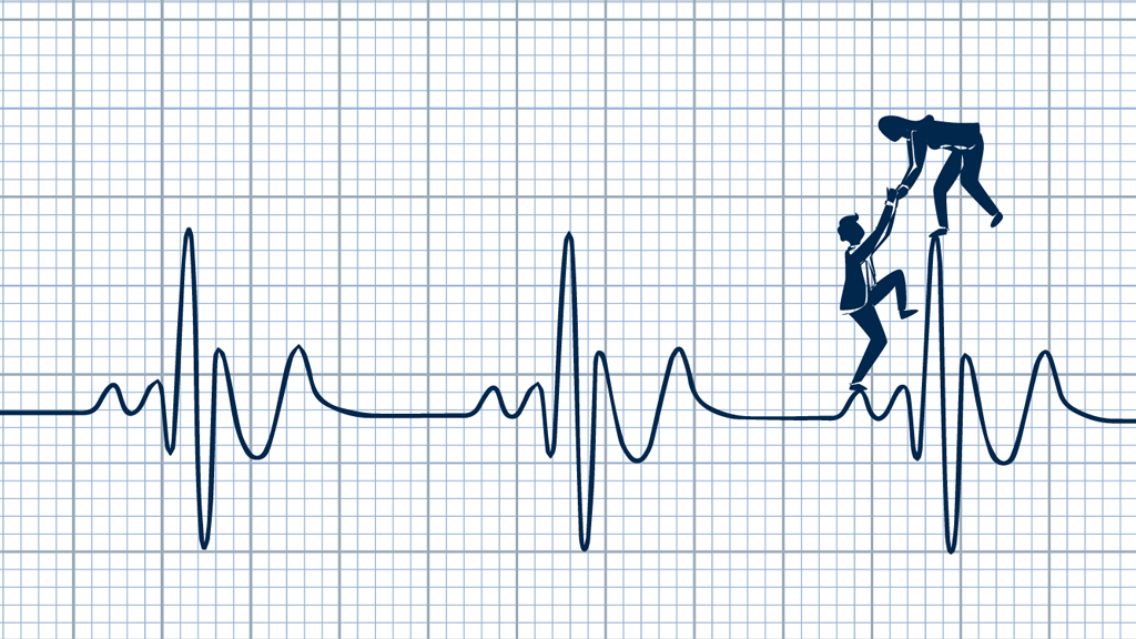 A graphic that depicts two people standing on the line of an EKG chart. One person is reaching down to help the other one up.