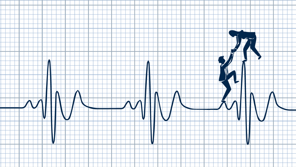 A graphic that depicts two people standing on the line of an EKG chart. One person is reaching down to help the other one up.