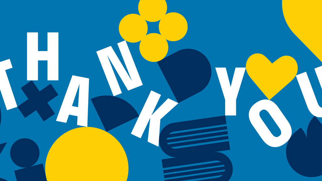 The words thank you surrounded by abstract maize and blue shapes.
