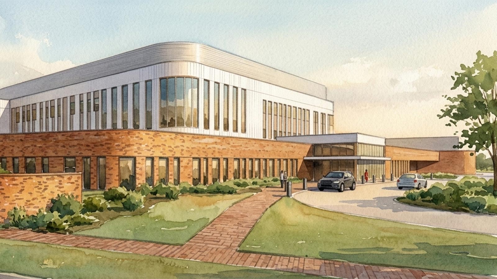 Architectural watercolor rendering of Sparrow Building or modern facility with brick and light-paneled walls under a soft sky.