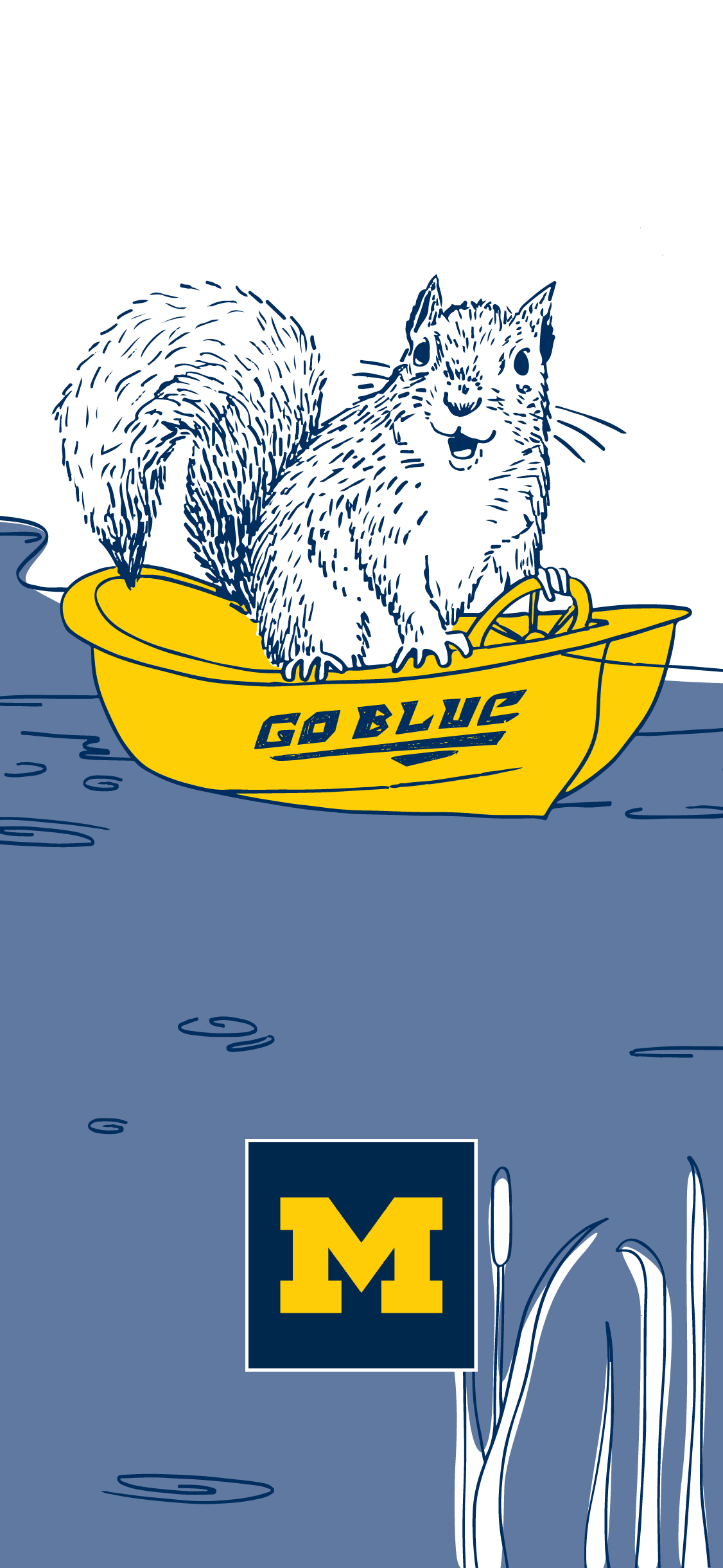 An illustration of a squirrel piloting a small boat with "Go Blue" written on it.