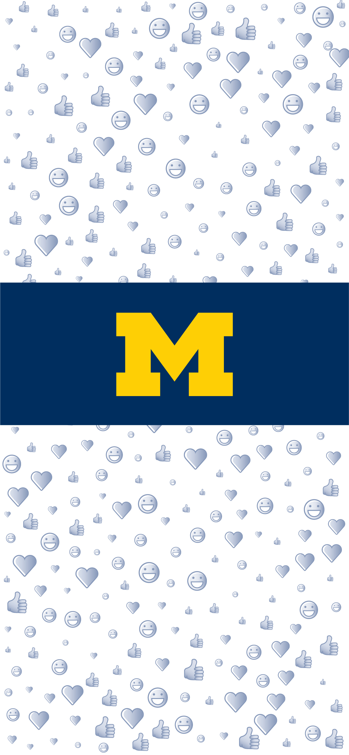 The University of Michigan M on a white background of heart, thumbs up, and smiling emojis.