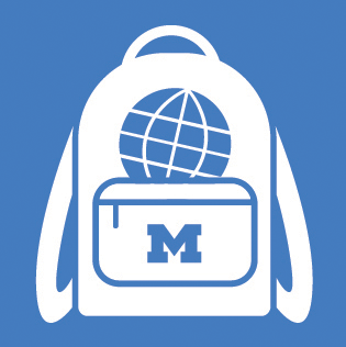 icon of a backpack with a block M and globe
