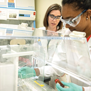 Two people working together in a laboratory, wearing lab coats and gloves.