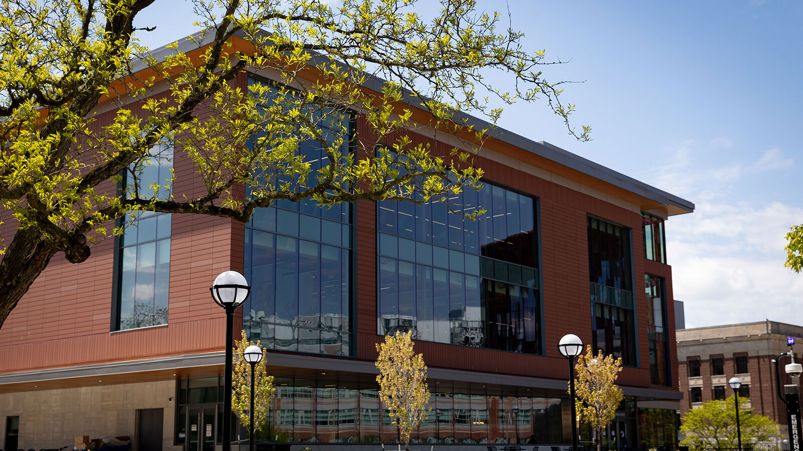 Exterior of the modern Hadley Family Recreation & Well-Being Center, with red brick walls and large windows framed by leafy tree branches and campus lampposts.