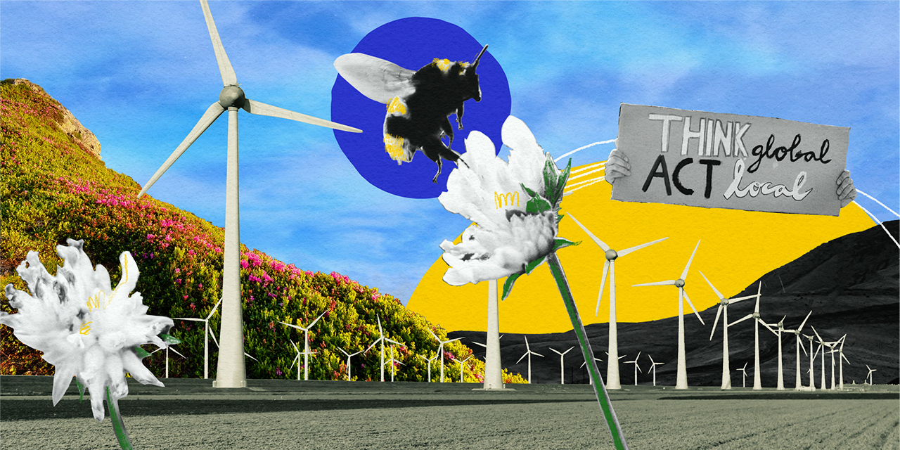 Collage of a bee, flowers, windmills, and a sign that says