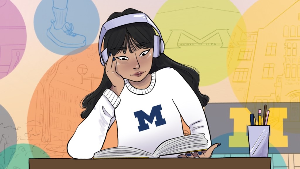 A female student wearing headphones reads a book. The background shows scenes from campus.