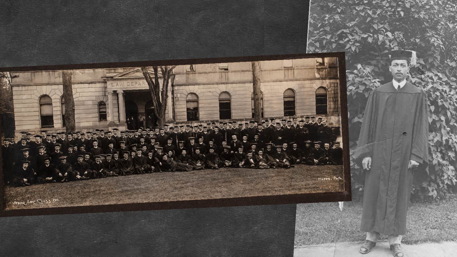  U-M Senior Law Class, 1911 (left); Richard Hill Jr. (JD 1911) on graduation day in Ann Arbor (right)