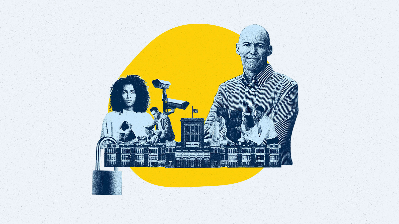 Photo collage of a school, counselors working with children, cameras, Justin Heinze, and a padlock. The sign on the school says