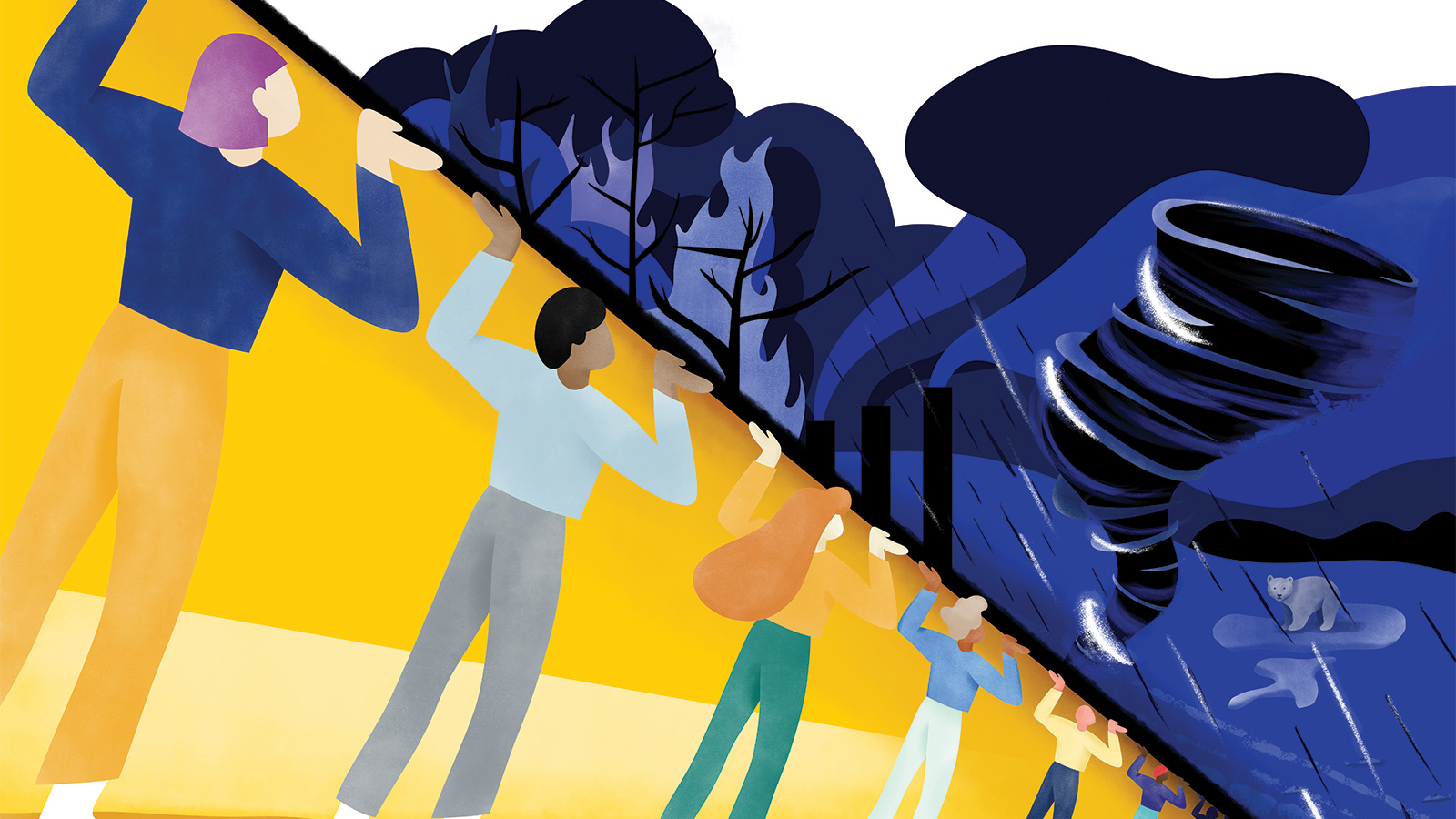 An illustration of a diverse group of people in bright colors pushing back against a dark scene depicting effects and causes of climate change including a forest fire, air pollution, a storm, and a polar bear floating on ice.