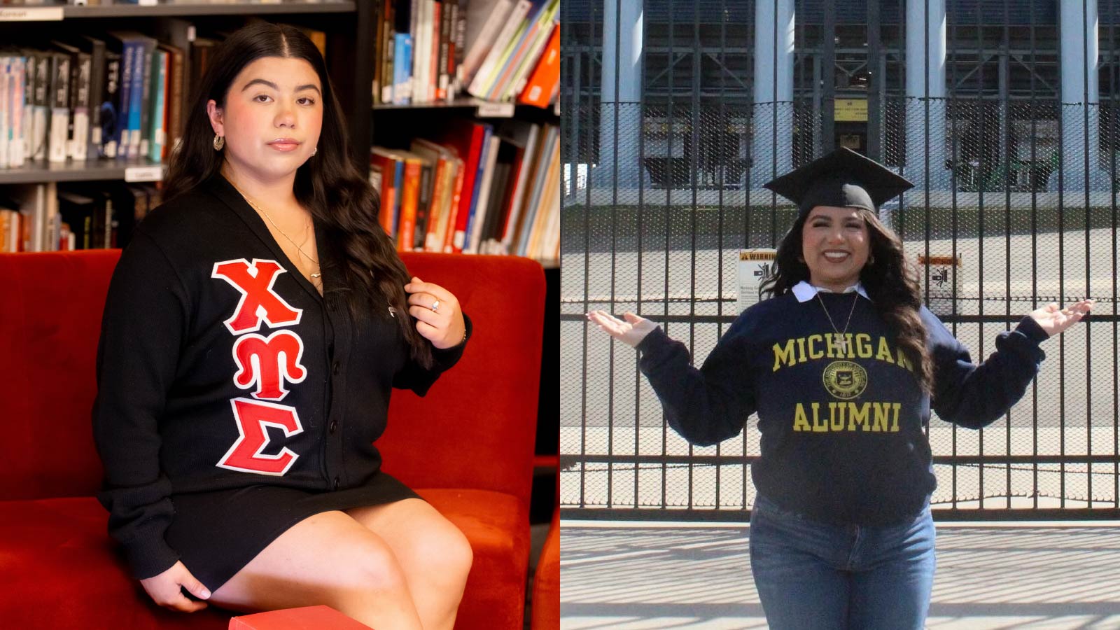 A montage of photos of a female student one wearing sorority letters and sitting on a couch, another standing in from of the stadium gates wearing a graduation cap.