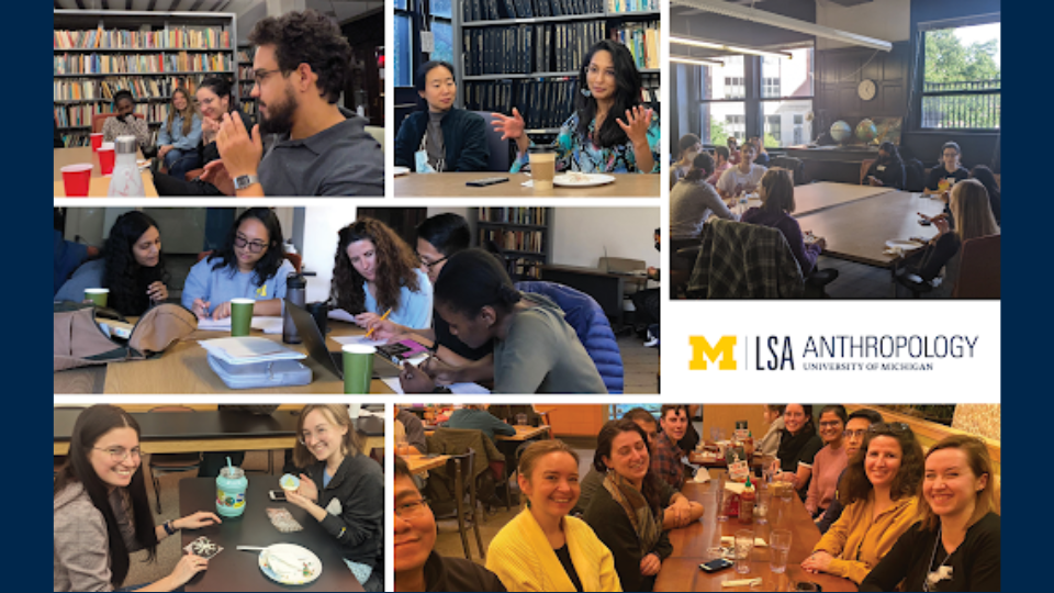 A collage of images of Anthropology students studying and socializing together