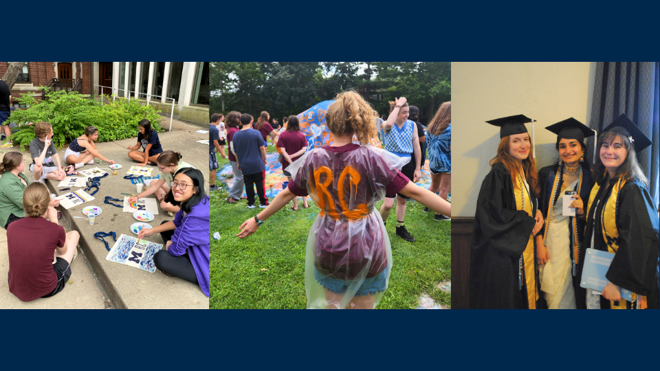 A collage of three images with students painting, a student posing in a poncho with RC painted on it, and students in cap and gown.