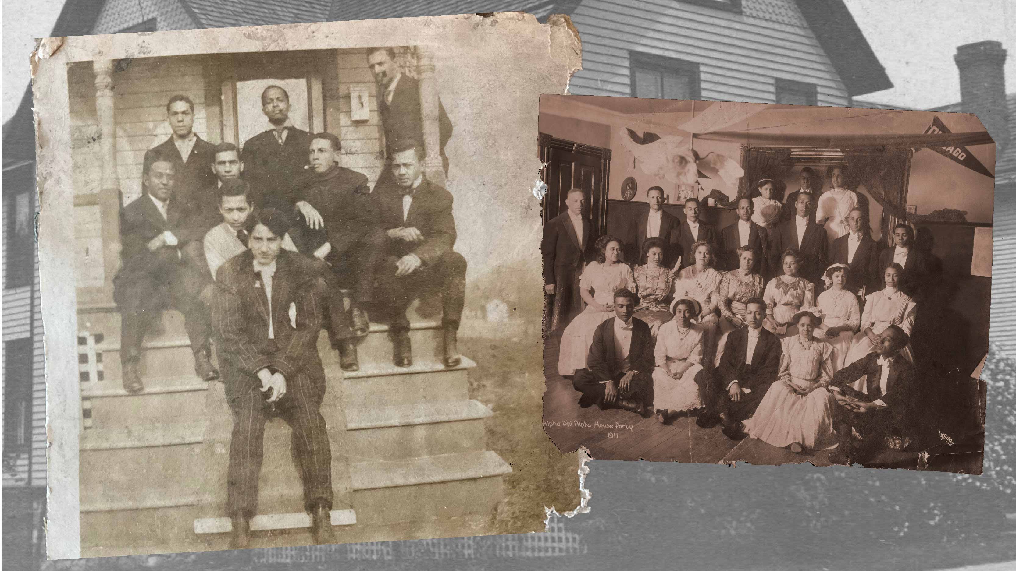 Richard Hill Jr. and his fellow fraternity members sitting on the steps of 1017 Catherine (left); Alpha party, 1911 (right); Alpha Phi Alpha house in Ann Arbor, 1911 (background)