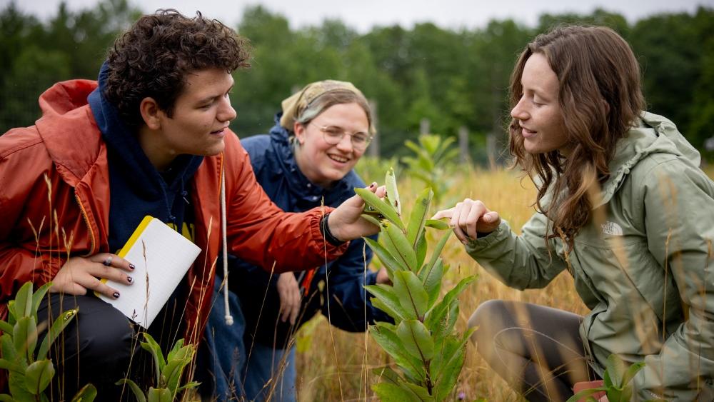 A University of Michigan instructor teaching students outdoors in a field.