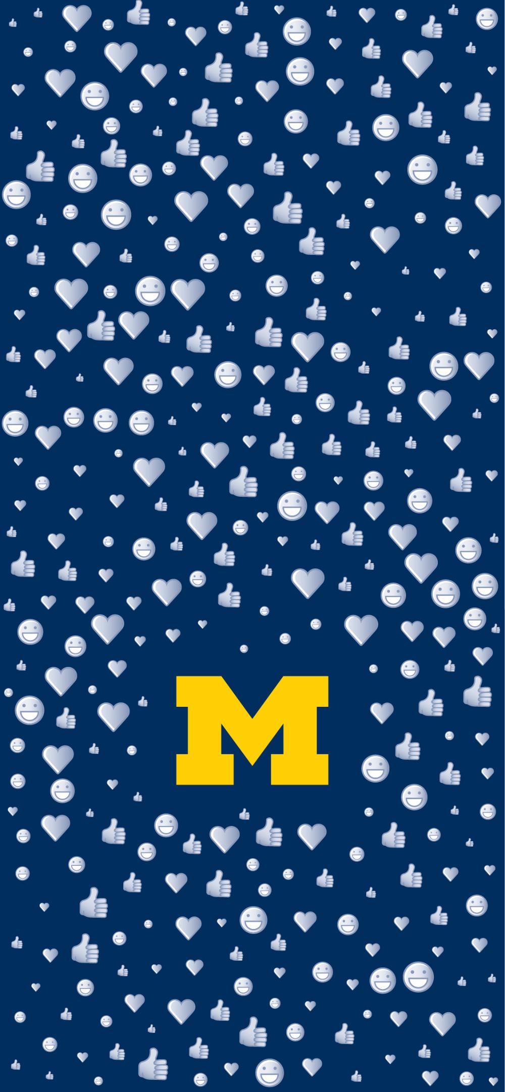 The University of Michigan M on a blue background of heart, thumbs up, and smiling emojis.