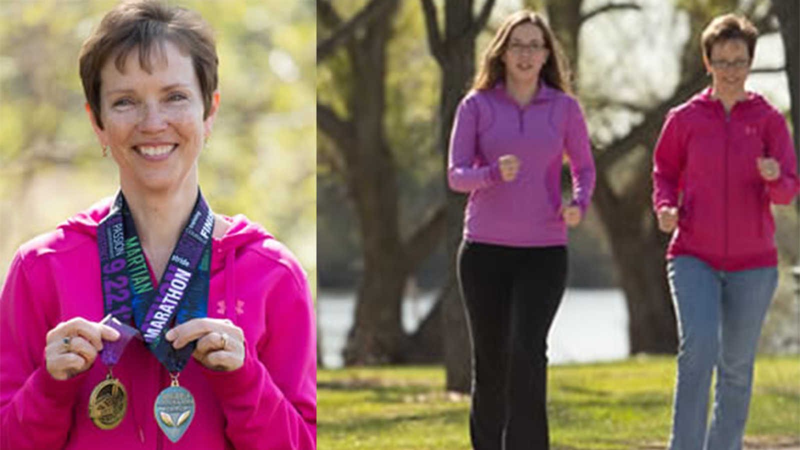 combined photo of person with medals and two people walking