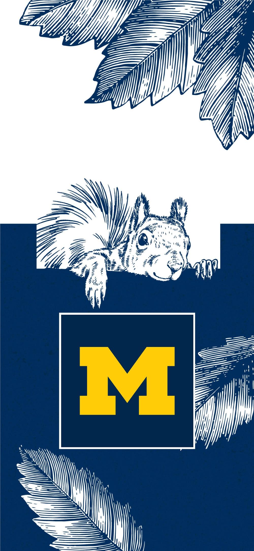 An illustration of a squirrel peeking over a wall that has the University of Michigan block M in the center.