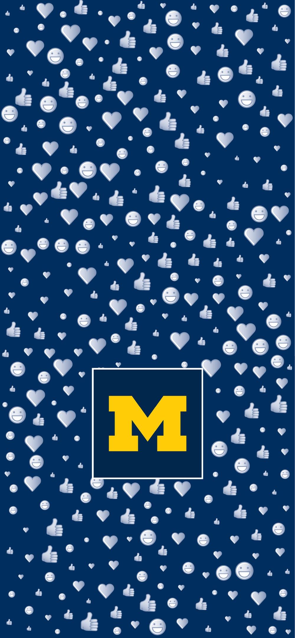 The University of Michigan M on a blue background of heart, thumbs up, and smiling emojis.