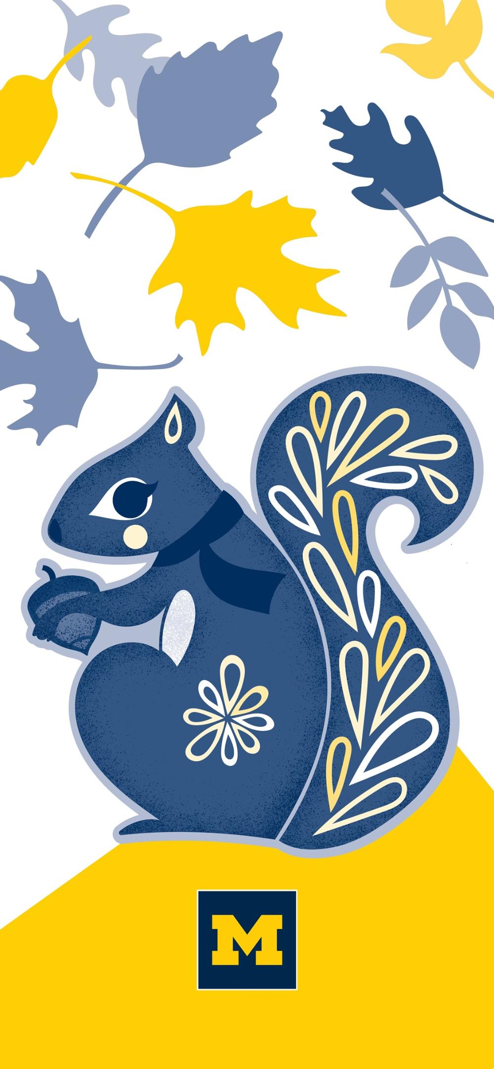 An illustration of a squirrel holding an acorn. At the bottom of the image, the University of Michigan logo.