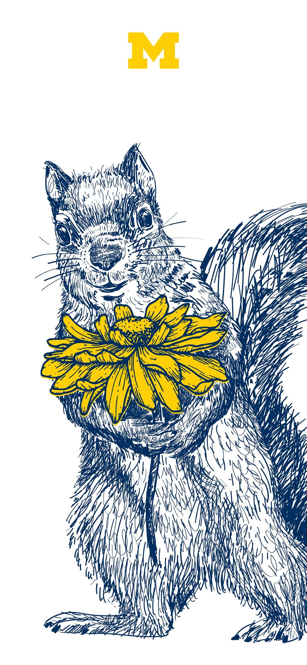 An illustration of a diag squirrel holding a flower. At the top of the image, the University of Michigan block M.