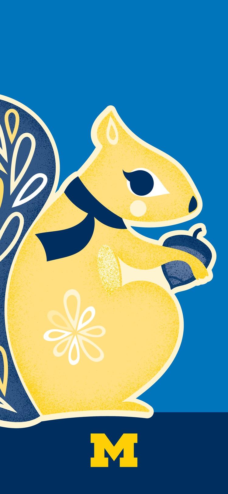 An illustration of a squirrel holding an acorn. At the bottom of the image, the University of Michigan logo.