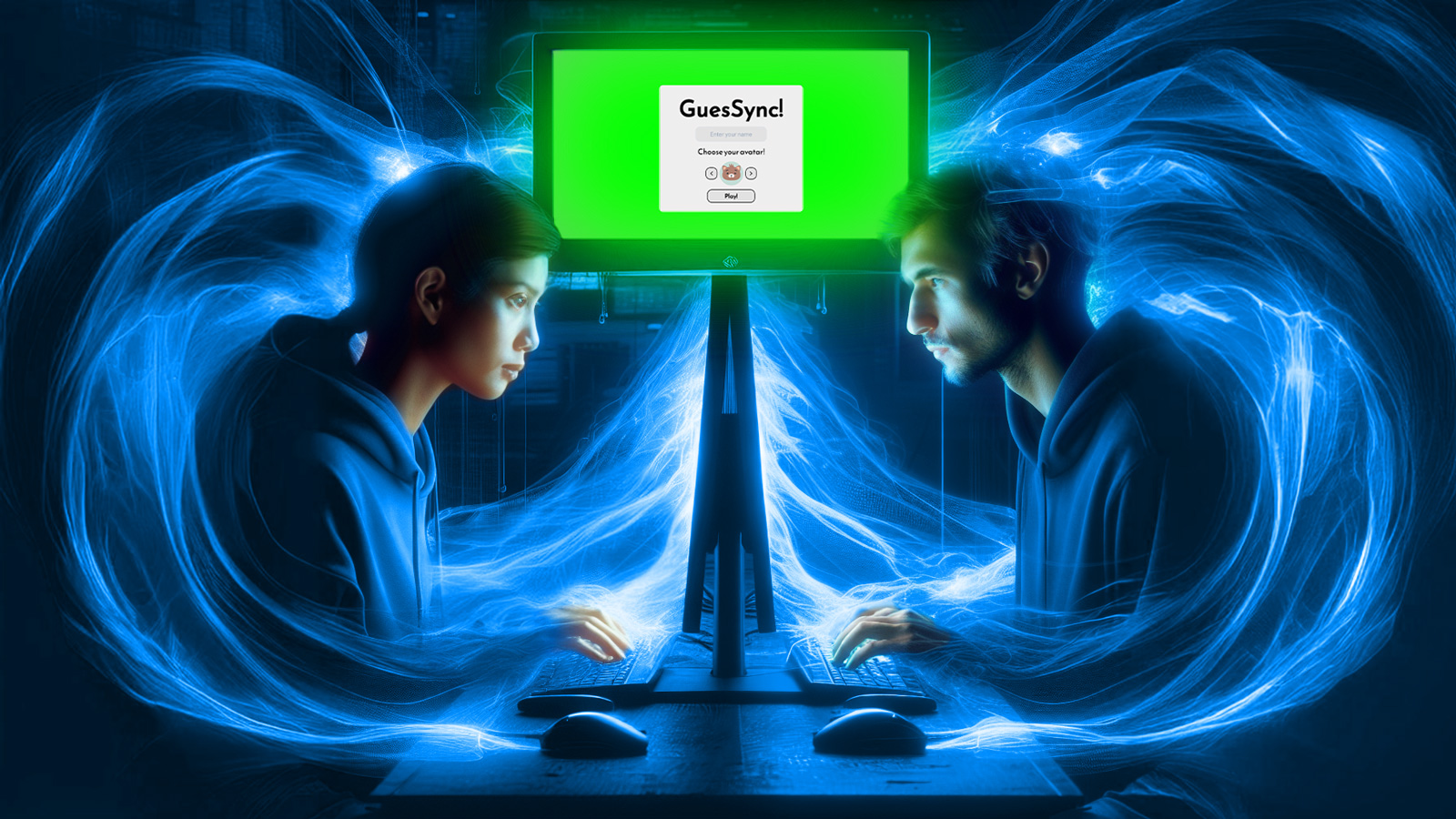 An AI-generated image of a man surrounded by glowing blue light and a woman surrounded by glowing red light typing at individual computer monitors, facing each other.