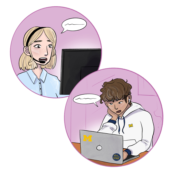 A male student and a female counselor talk virtually.