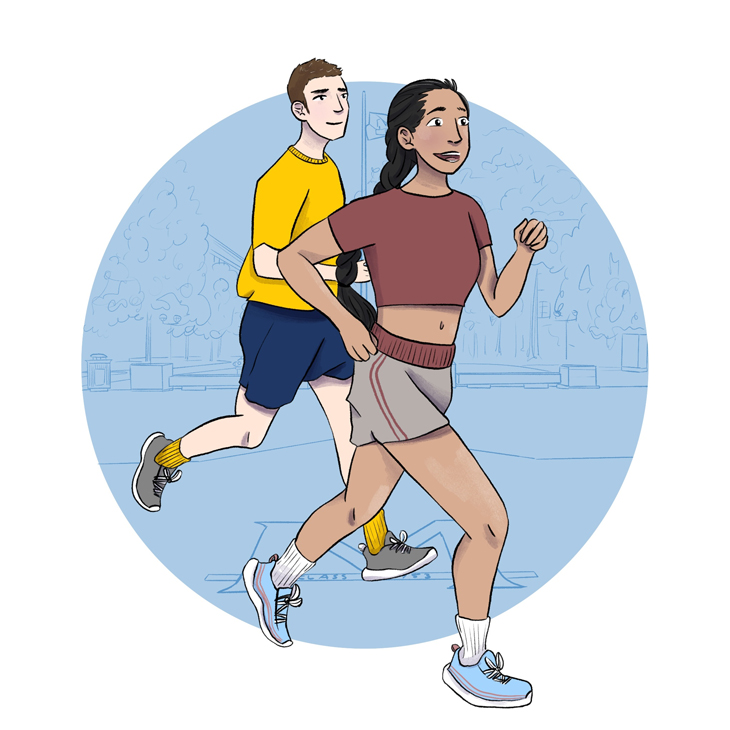 Two students running on campus
