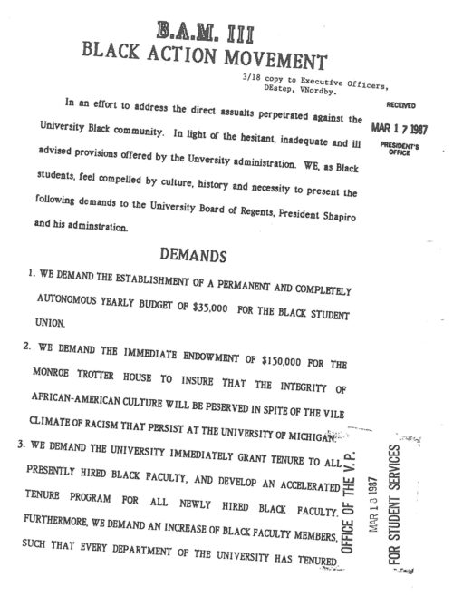 A printed list of demands for anti-racist actions presented to U‑M’s Board of Regents by the Black Action Movement in 1987.